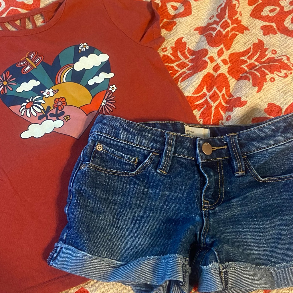 Old Navy Rust Colored Short Sleeve Tee + Gap Denim Adjustable Waist Shorts Set 6